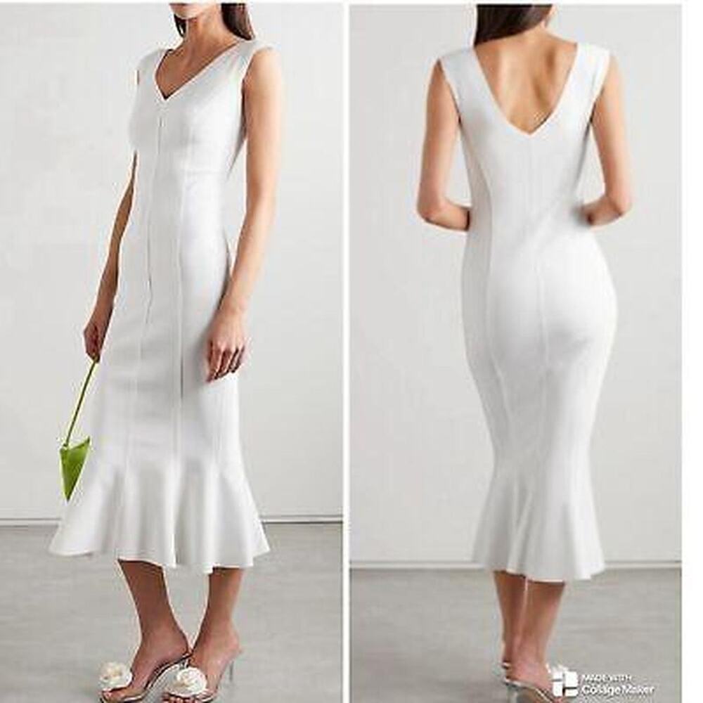 Norma Kamali White V-Neck Fit-and-Flare Midi Dress